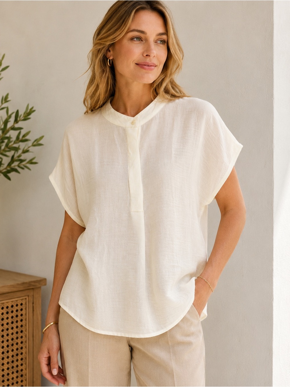 CAbi Cream Gauze Blouse Medium Sheer Minimalist Coastal Tunic Top